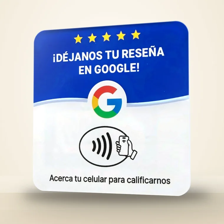 Tarjeta de reseñas Hivers en acrílico: cinco estrellas, ¡Déjanos tu reseña en Google! y el ícono para acercar el celular